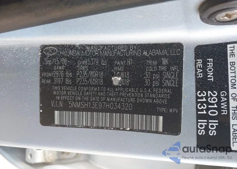 2007 Hyundai Santa Fe Limited/Se z USA, uszkodzony, nr VIN 5NMSH13E97H034320